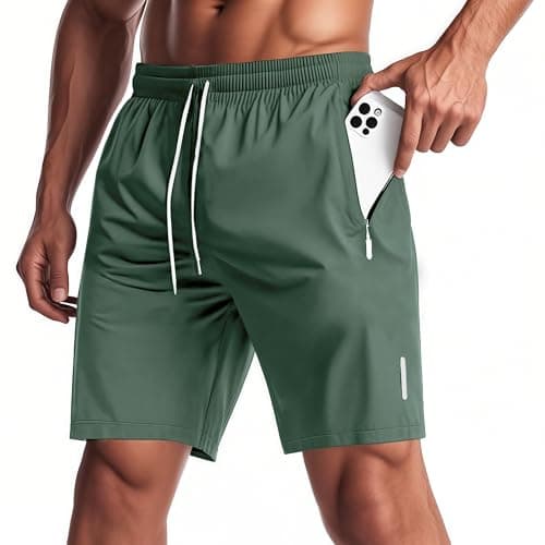Short esportivo masculino de secagem rápida, leve, esportivo, academia, bolsos com zíper para uso diário, Verde, M