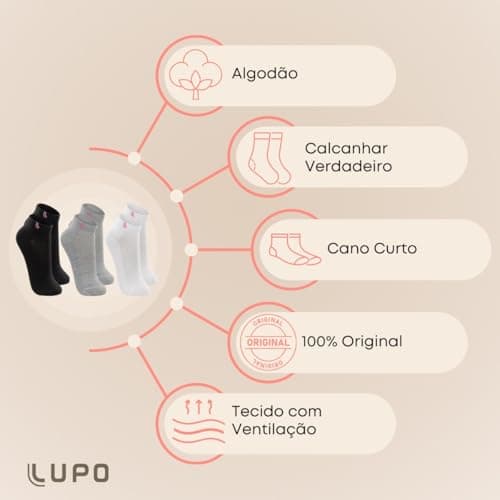 LUPO Kit 3 Meia Cano Baixo Curto Esportiva Algodão Punho Soft Feminina Adulto, 1 Branco - 1 Bubble Gum - 1 Malva, M (37-40)