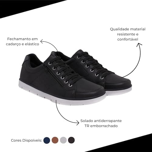 Foxstar Masculino Sapatênis Casual Social, Preto, 44, Confortável, com Zíper e Cadarço