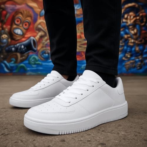 Tênis casual masculino branco com sola macia e design urbano.