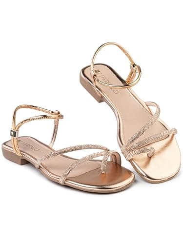 Sandália Feminina Rasteira Casual Flat com Tiras Brilhantes, Dourado, Ouro, Bronze, Preto, Rasteirinha Macia, Leve e Confortável (700-Bronze-38)