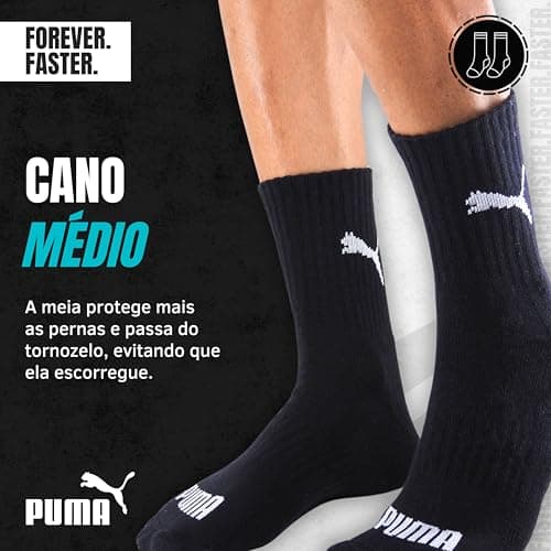 PUMA Kit 6 Pares Meia Cano Médio Esportiva Algodão Sola Atoalhada Costura Fina Masculina Feminina Unissex Adulto, 6 Preto, 39-43