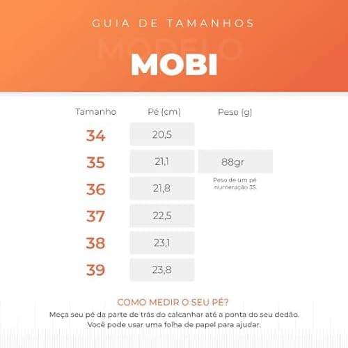 Guia de tamanhos para chinelos Boaonda Mobi, mostrando medidas de pé e peso.