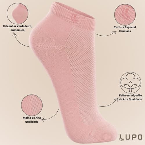 LUPO Kit 3 Meia Cano Baixo Curto Esportiva Algodão Punho Soft Feminina Adulto, 1 Branco - 1 Bubble Gum - 1 Malva, M (37-40)