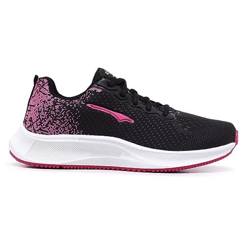 Tênis Yes Basic feminino preto com estampa rosa, sola branca e design de respiro, para caminhada.