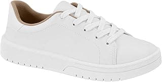 Tênis casual feminino branco com sola relevada, amarração de lacinhos brancos e detalhes em napa marrom.