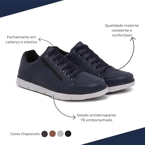 Foxstar Masculino Sapatênis Casual Social com Zíper e Cadarço, Azul, Tamanho 44, Confortável