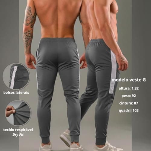 Calça Esportiva DryFit Chumbo/Branco, Tamanho M, Comprimento Longo, 92% Poliéster, com Cordão de Ajuste