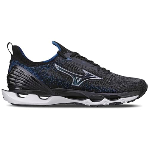 Tênis Mizuno Wave Plate preto e azul, estilo esportivo masculino, com sola em U e tecnologia Wave.