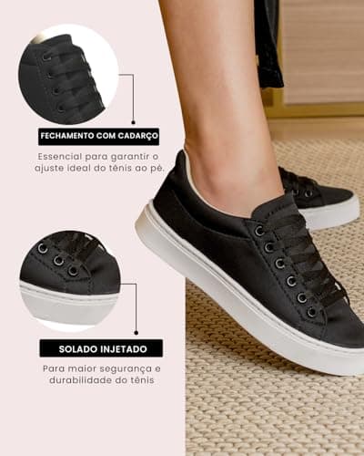 Detalhes do tênis casual feminino Gabriela Ribeiro preto, com fechamento em cadarço.