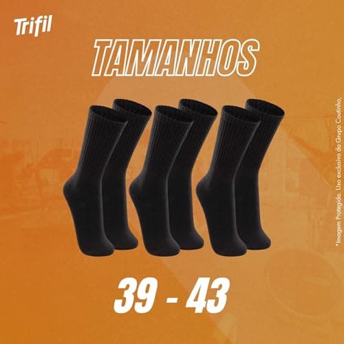 TRIFIL Kit 6 Pares Meia Esportiva Cano Longo Atolhada Calcanhar Verdadeiro Adulto, 6 Preto, 39-43
