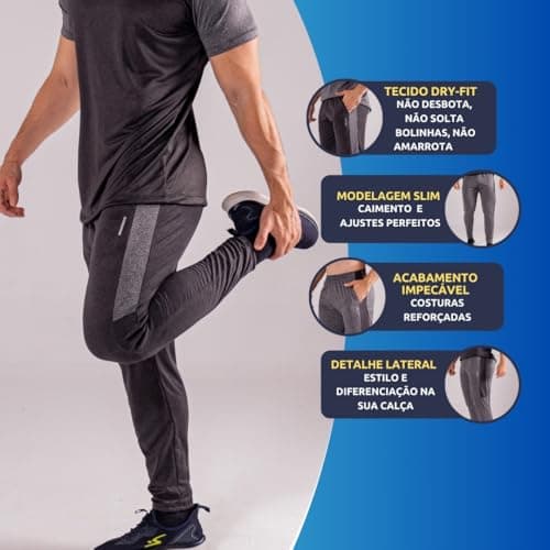 Genérico Calça Masculina Dry Fit Slim Esportiva Fitness Academia Com Bolso Lateral Tecido Reforçado (BR, Alfa, G, Regular, Regular, Cinza)