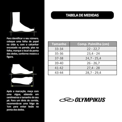 Tabela de medidas para sandália Olympikus Corre Flip Flop Black, indicando tamanhos e comprimentos.