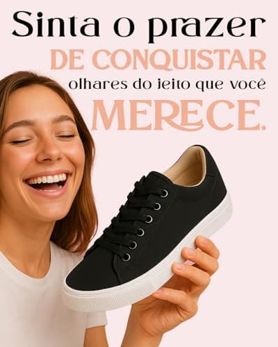 Mulher feliz segurando tênis casual feminino Gabriela Ribeiro preto, confortável.
