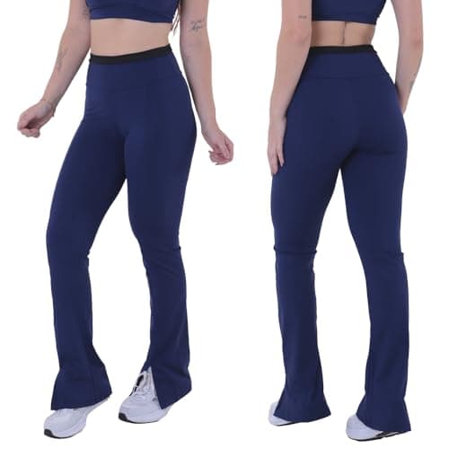 Legging Feminina Flare de Poliamida com Fenda, Casual e Esportiva, Cintura Alta (BR, Alfa, P, Regular, Regular, Azul Marinho)