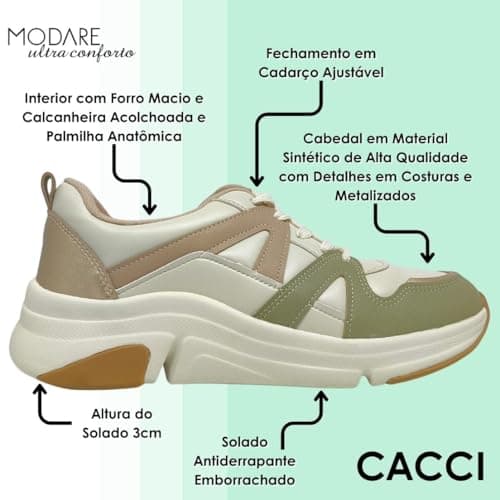 Detalhes do tênis Modare 7401 com fechamento ajustável e palmilha anatômica.