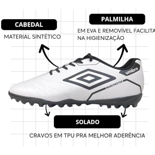 Tênis Umbro Manchester Soccer Cleats Stitched branco com detalhes em preto