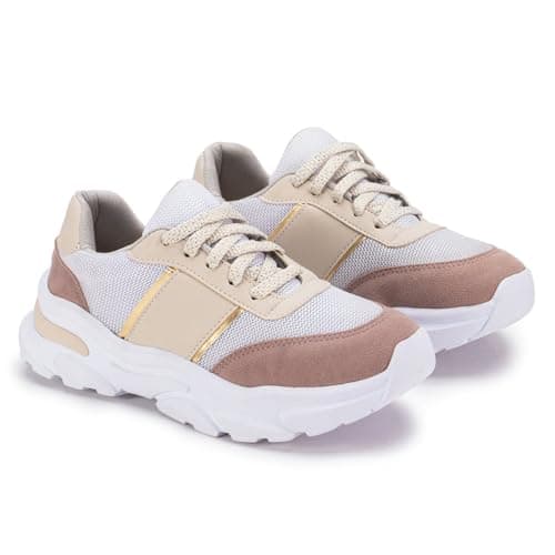 Tênis feminino GuGi Fiorella com sola alta e macia, branco com detalhes em bege e marrom.