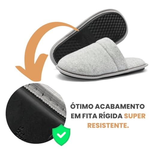 Pantufa adulto antiderrapante cinza com acabamento em fita rígida.