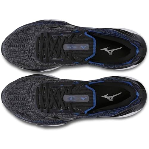 Tênis Mizuno Wave Plate preto e azul, estilo casual masculino, com design respirável.