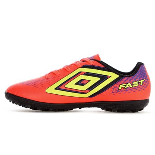 Tênis de futebol Umbro Society Fast II para homens, sintético, cores laranja, amarelo, roxo e preto.