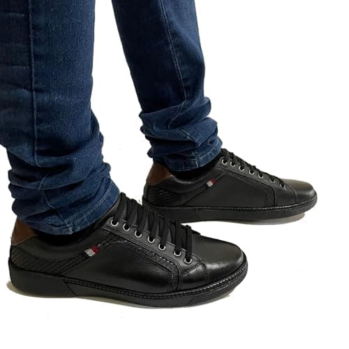 Tênis Sapatênis Em Couro Legítimo Casual Masculino Confortável Elástico (PRETO, BR, Adulto, Numérico, 40)