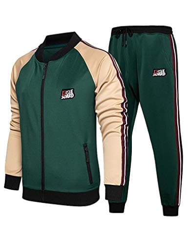 Litteking Conjunto de 2 peças de agasalho masculino casual de manga comprida, conjunto de moletom esportivo com zíper completo, Verde, M