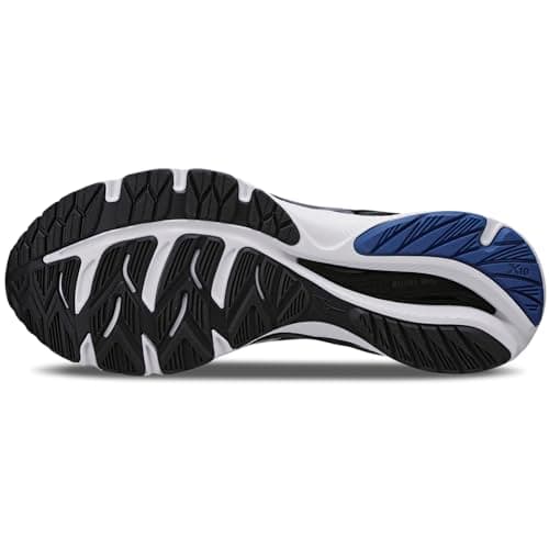 Detalhe da sola do tênis Mizuno Wave Plate, preto e azul, com design de ondas para melhor absorção.