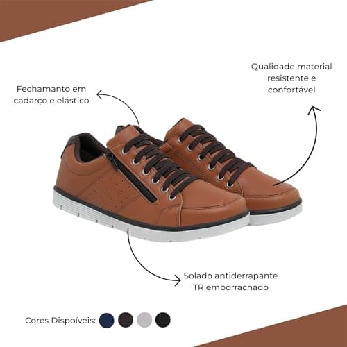 Foxstar Masculino Sapatênis Casual Social, Caramelo, 42, Confortável, com Zíper e Cadarço