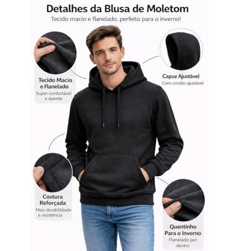Blusa Moletom Canguru com Capuz Liso Adulto Masculino (BR, Alfa, G, Regular, Regular, Preto)