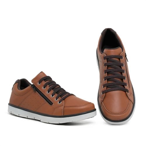 Foxstar Masculino Sapatênis Casual Social, Caramelo, 42, Confortável, com Zíper e Cadarço