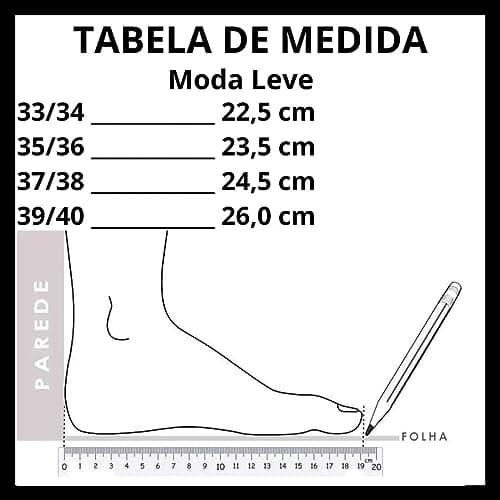 Tabela de medidas para tênis feminino branco casual, cano baixo.