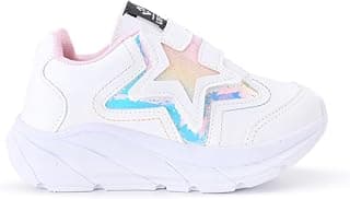 Tênis infantil branco com estrela glitter arco-íris, sola grossa, detalhes rosa e azul, etiqueta preta