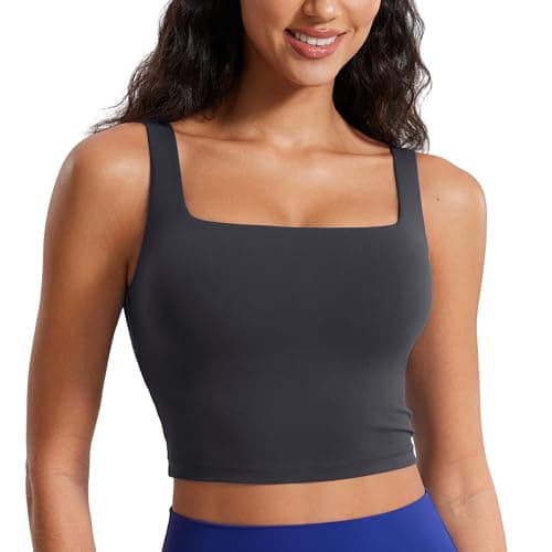 CRZ YOGA Butterluxe Top esportivo longo com decote quadrado - Top cropped para treino regata acolchoada para ioga com bojo embutido Cinza Misterioso PP