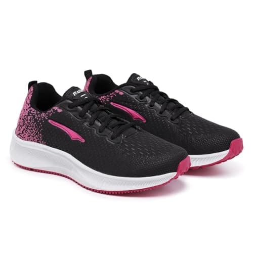 Tênis esportivo feminino preto com detalhes rosa e sola branca