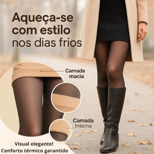 Meia Calça Térmica Feminina Translúcida Peluciada Forrada Para Inverno - Tamanho Único 36 ao 46 – Efeito Meia Fina Com Interior Térmico Aveludado – Alta Elasticidade e Confortável - Linha Premium