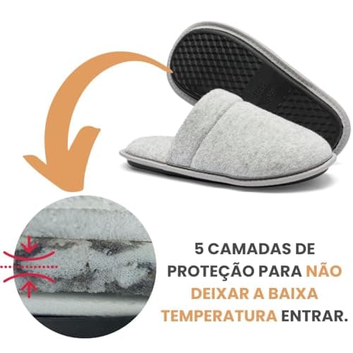 Pantufa adulto antiderrapante cinza com 5 camadas de proteção contra frio.