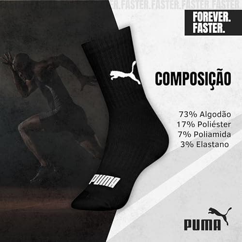 PUMA Kit 6 Pares Meia Cano Médio Esportiva Algodão Sola Atoalhada Costura Fina Masculina Feminina Unissex Adulto, 6 Preto, 39-43