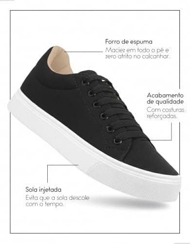 Detalhes do tênis casual feminino Gabriela Ribeiro preto, com solado injetado e espuma.
