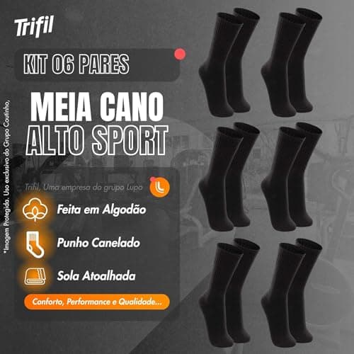 TRIFIL Kit 6 Pares Meia Esportiva Cano Longo Atolhada Calcanhar Verdadeiro Adulto, 6 Preto, 39-43