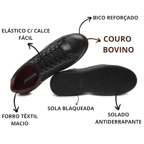 Tênis Sapatênis Em Couro Legítimo Casual Masculino Confortável Elástico (PRETO, BR, Adulto, Numérico, 40)