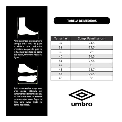 Tabela de medidas da chuteira Umbro Pro 5 Bump Club para futsal, com tamanhos e comprimentos.