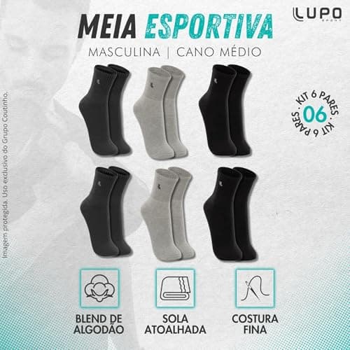 Lupo Kit 6 Pares Meias Cano Médio Atoalhada Algodão Sport Original, 2 Chumbo - 2 Cinza - 2 Preta, 41-44
