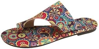 Generic Sandália feminina estilo boêmio com estampa mandala colorida em tecido superior sola de poliuretano salto plano bico aberto verão praia sandálias