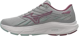 Tênis de Corrida Mizuno Jet 8 Feminino, cinza com detalhes em rosa e verde, em fundo branco.