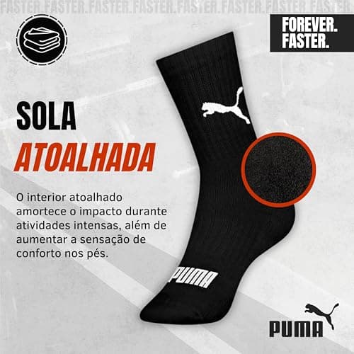 PUMA Kit 6 Pares Meia Cano Médio Esportiva Algodão Sola Atoalhada Costura Fina Masculina Feminina Unissex Adulto, 6 Preto, 39-43