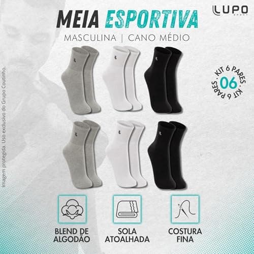 Lupo Kit 6 Pares de Meia Lupo Cano Médio Forro Atoalhado Punho Canelado Algodão Sport Original, 2 Branca - 2 Cinza - 2 Preta, 41-44