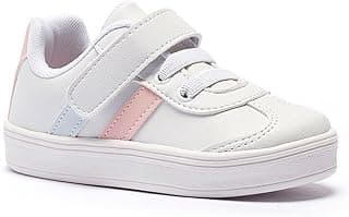 Tênis infantil branco com detalhes rosa e azul, fecho de velcro, sola branca