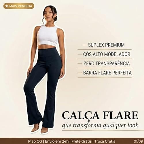 1 Calça Flare Legging Suplex Feminina Esportiva Casual Dia a Dia Zero Transparência Cintura Alta Levanta Bumbum Leg Bailarina Elasticidade 4 Vias Cós Duplo (BR, Alfa, M, Regular, Regular, Preto)