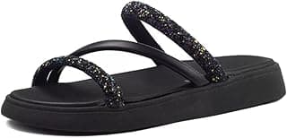 Chinelo flatform preto com tira tripla e detalhes de brilhos multicoloridos